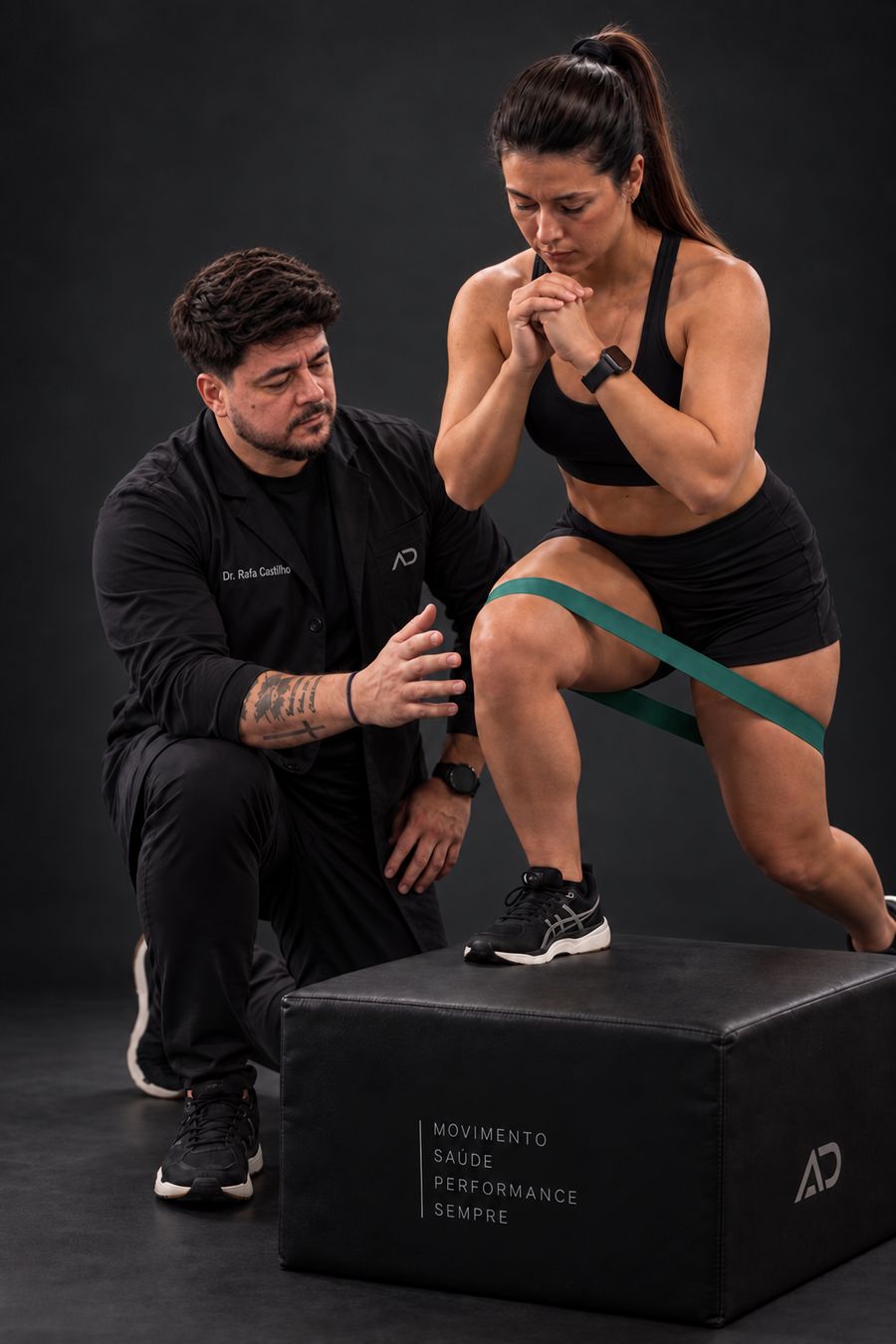 Atleta em exercício de agachamento sobre caixa com faixa elástica, acompanhada pelo fisioterapeuta